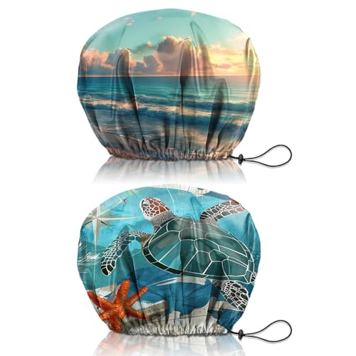2 PCS Shower Cap Reusable Waterproof Double Layers Hair Caps Shower Bath Adjustable Elastic Hat for Women Girls Cute Aesthetic-Beach Sea Turtle - color: AI19-Beach Sea Turtle