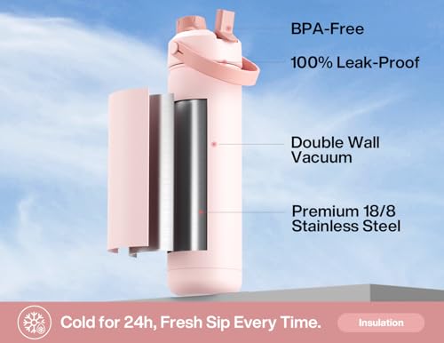 POWCAN 26 oz Insulated Water Bottle with 2-in-1 Straw and Spout Lid, Keep Cold 24H, Leak-Proof, Fits in Car Cup Holder, Stainless Steel Water Bottle for Sports, Travel, and School (Cotton Candy) - color: Cotton Candy, size: 26 Ounces