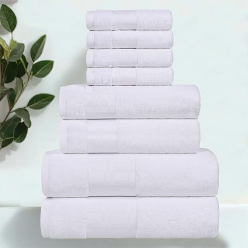 Superior 8-Piece Cotton Towel Set, Geometric Design, Dobby Border, Plush Quick Dry Towels, Decorative Bathroom, Spa, Includes 2 Bath, 2 Hand, 4 Face Towels/Washcloth, Larissa Collection, White-White - color: White-white, size: 8 Piece Towel Set