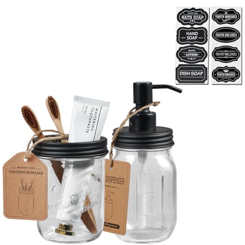 SheeChung Mason Jar Bathroom Accessories Set, 2Pcs Glass Bathroom Accessory Set, Soap Dispenser, Toothbrush Holder, Bathroom Decor, Rustic Farmhouse Decor - Black - color: Black, size: Liquid Dispenser