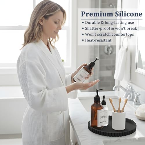 HighHerz Silicone Bathroom Countertop and Vanity Tray, Round Silicone Bathroom Tray, Modern Bathroom Decor, Coffee Table Decor, Decorative Tray for Candle, Perfume, Plants (Black, 9 inch) - color: Black, size: 9"