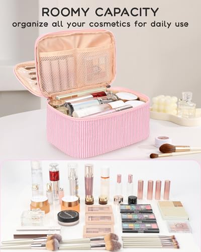 Relavel Large Makeup Bag, Portable Pink Cosmetic Bag for Girls, Dual-layer Makeup Pouch with Brush Holder, Multi-Functional Preppy Toiletry Organizer for Travel, Daily Use - Pink Strip - color: 01-Pink Strip, size: LARGE