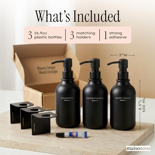 Shampoo and Conditioner Dispenser Wall Mounted Set of 3 Black - No Drill Shower Soap Dispenser for Bathroom Refillable - Spa Hotel Style Accessories by MaisoNovo - color: Black Set of 3