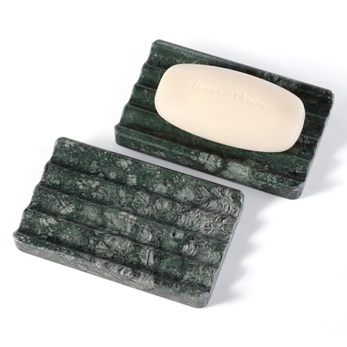 2PCS Koville Indian Natural Green Marble Soap Dish for Shower, Stone Soap Tray for Bathroom, Marble Bar Soap Holder for Sink, Stripe Grooves Soap Saver Sponge Holder - color: Verde Alpi