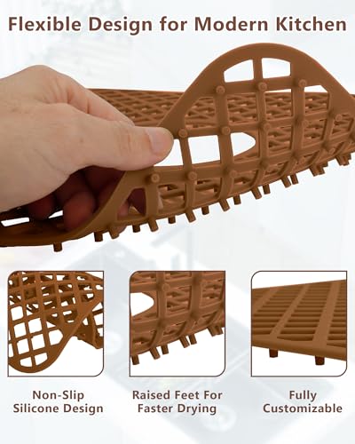 2 Pack Silicone Sink Protectors for Kitchen Sink, Trellis Pattern 13 x 11 Inches Sink Mat, Non-Slip and Durable Sink Protector Silicone, Rear Drain, Coffee - color: Coffee