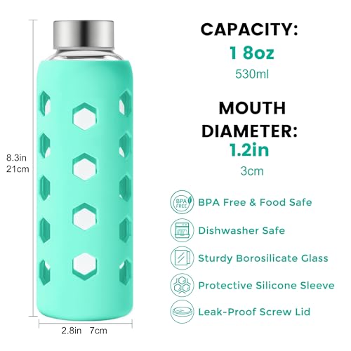 Mrsdry Glass Juice Bottles with Lids and Silicone Sleeves 18 oz, 4-Pack Reusable Clear Glass Water Bottles with Stainless Steel Airtight Cap for Juicing, Refrigerator, BPA Free Leak-Proof Drinking Jar - color: Green