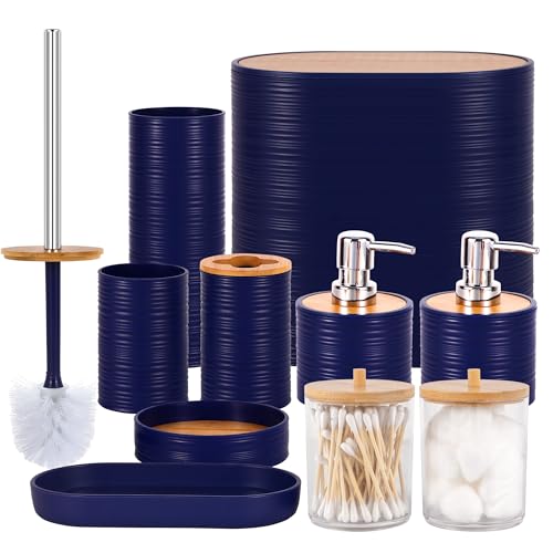 Bathroom Accessory Set,10 PCS Navy Blue Bathroom Set with Trash Can,Toothbrush Holder,Soap Dispenser,Toothbrush Cup,Vanity Tray,Soap Dish,Toilet Brush,Qtip Holders - color: Navy Blue