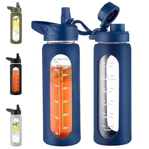 CIVAGO 24 oz Glass Water Bottle with Straw and Handle, Large Sports Motivational Water Bottle Flask with Time Marker and 2 Lids, Leakproof Jug Canteen with Silicone Sleeve for Gym, Navy Blue - color: .Navy, size: 24 Ounces