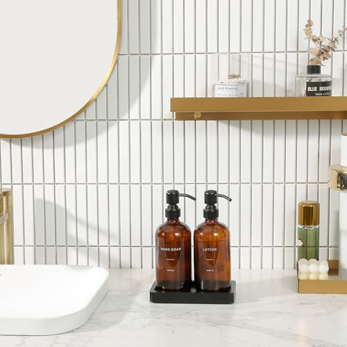 Prus Waso Amber Glass Soap Dispenser Set, Hand Soap and Lotion Set with Black Stainless Steel Pump, Perfect for Modern Bathroom Decor. (Amber) - color: Black Pump & Amber Bottle