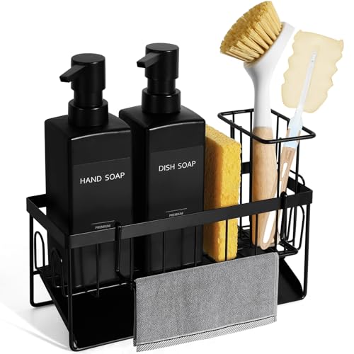 GMISUN Dish Soap Dispenser, 12 fl oz / 350 ml Dual Kitchen Soap Dispensers with Sponge Holder, Customized Matte Black Kitchen Soap Dispenser Set, Modern Hand and Dish Soap Bottle Set Removable - color: Black Bottle + Black Rack