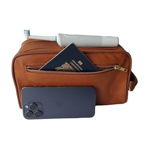 Mens Toiletry Bag, Premium PU Leather Travel Kit, Metal Zippers & Bottom Studs, Velvet Dust Bag & Shape-Retention Packaging – Gift Ready For Groomsmen, Anniversary, Birthday Gifts/CARAMEL BROWN - color: CARAMEL LIGHT BROWN