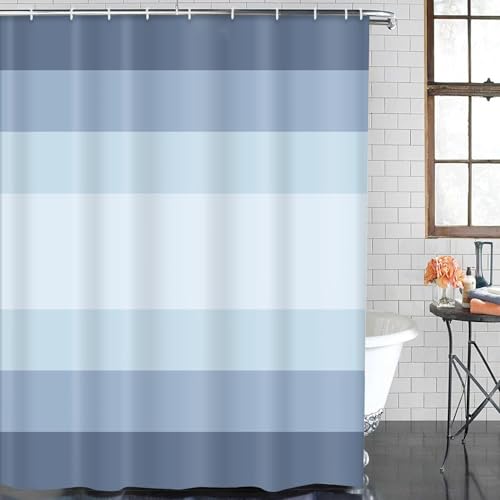 ArtSocket Blue Coastal Ombre Bathroom Set with Shower Curtain and Bath Rugs and Accessories, Striped Nautical Modern Non-Slip 3 Piece Set, 72"L x 72"W Curtain with 23.6"L x 15.7"W + 19.7"x 31.5" Rugs - color: Blue Ombre