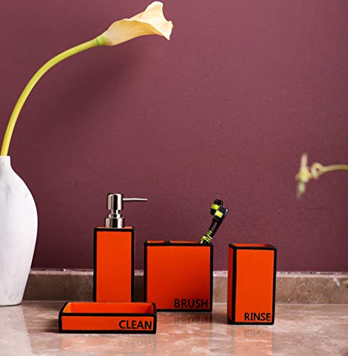 Hymmah Bathroom Accessories Set,Toothbrush Holder,Farmhouse Bathroom Decor,4 Pcs Resin Gift Set Apartment Necessities, Contain Toothbrush Cup,Soap Dispenser,Soap Dish,Tumbler Orange - color: Simple Orange