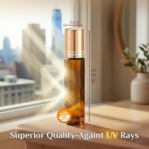 PrettyCare 60 Pack, 10 ml Essential Oil Roller Bottles with Stainless Steel Roller Ball - Bulk Refillable Leak-proof Empty Thick Amber Glass Roll on Bottles with Metal Caps for Travel, Perfume - color: Amber with Golden Cap, size: 60 Pack