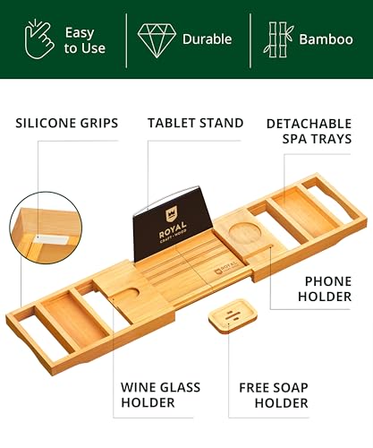 ROYAL CRAFT WOOD Premium Foldable Bathtub Tray Caddy - Wood Bath Tray for Tub, Bamboo Shelf, Expandable Bath Table Trays, Bathtub & Bathroom Accessories for New Home & Mothers, Birthday Gifts for Mom - color: Natural