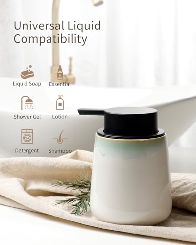 Bosilunlife Ceramic Bathroom Soap Dispenser - 12Oz Bathroom Countertop Kitchen Dish Soap Pump Dispenser Liquid Soap Dispenser - Matte White with Blue-Green Rim - color: Blue-green Rim