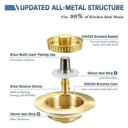 Kitchen Sink Drain Strainer 3 in 1, 304 Stainless Steel Pop Up Sink Stopper, Anti-Clogging Sink Drain Strainer for US Standard Kitchen Drain (Gold) - color: Gold, size: 1 Pack