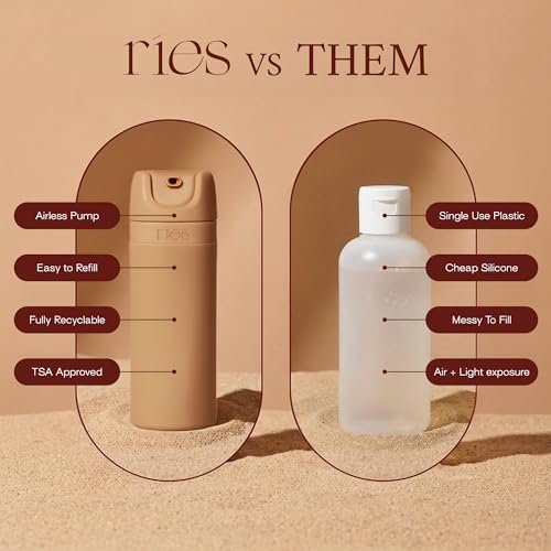 RIES Essential Refillable Toiletry Travel Bottles Airless Pump Set | TSA Approved, Leak Proof Airless Pump, BPA Free Recycled Plastic, 5 Piece Sand Color Set, Dishwasher Safe - color: Sand
