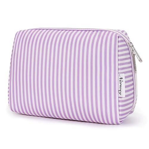 Narwey Striped Makeup Bag Travel Cosmetic Bag Organizer Toiletry Bag Make Up Bags with Compartments for Women Girls (Large, Purple Stripe) - color: A-Purple Stripe, style: Large