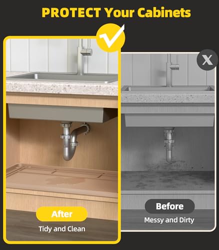 Wohbay Under Sink Mats for Kitchen Waterproof, Cut to Fit Under Sink Drip Tray for Kitchen Bathroom Cabinets, Silicone Under-Cabinet Hold Up to 3.3 Gallons Liquid, 34" X 22" Or Smaller -Khaki - color: Khaki