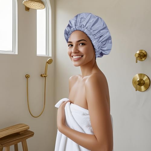 Reusable Shower Cap for Women, Large Waterproof Shower Bonnet Washable Elastic Band Bath Accessories Hair Hat for Long Hair, Braids(Black&Gray) | Washable Design, Wide Elastic Band, Large Fit, Holds Long Hair, Braids Friendly, Bath Accessories, Spa, Trave