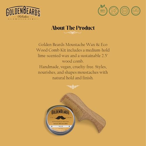 Golden Beards Moustache Wax & Eco Wood Vegan Comb Kit – Medium Hold Wax with Lime Scent & Eco Wood Comb 2.5 in – Handmade, Vegan, Cruelty-Free Moustache Styling Set - style: Eco Wood Vegan Comb
