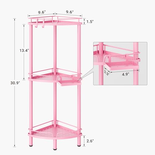 ELYKEN Corner Shower Caddy Standing, 3 Tier Rustproof Metal Shower Organizer with Soap Holder, Floor Shower Corner Shelf Rack Storage Stands with Adjustable Feet & 2 Hooks for Bathroom, Pink - color: Pink, size: 3 Tier