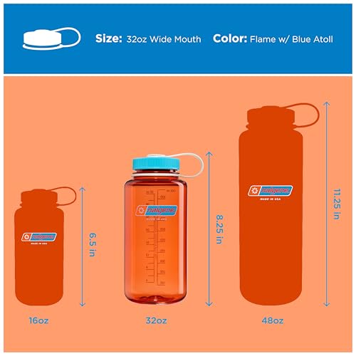 Nalgene 32 oz Wide Mouth Water Bottle | BPA-Free, Durable & Leak Proof, Lightweight Bottle for Hiking & Gym, Work & Travel - color: Flame w/ Blue Atoll, size: 32 Ounces