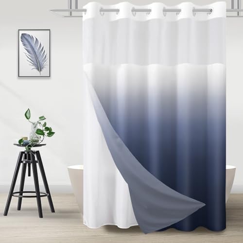 No Hook Shower Curtain with Snap in Liner, Ombre Navy Blue Shower Curtains and Liner Set, Hotel Fabric Bath Curtain for Bathroom, Mesh Top Window Waterproof Washable, 71" x 74" - color: Ombre Blue, size: 71"W x 74"L (Pack of 1)