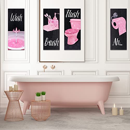 Chinco 4 Pcs Women Funny Wall Art Bathroom Decor 9.84 x 3.94 x 0.2 Inch Glam Bathroom Wall Decor Modern Women Funny Bath Wood Hanging Decoration for Home (Pink) - color: Pink
