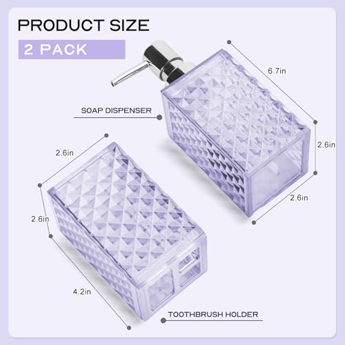 Bathroom Accessories Set 2 PCS, Purple Bathroom Accessories Include Soap Dispenser and Toothbrush Holder, Diamond Pattern Bathroom Set for Boho Bathroom Decor - color: Purple
