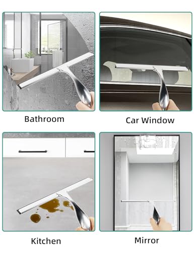 All-Purpose Stainless Steel Shower Squeegee Come with S Hook, 2 Square Sticky Hook 2 Rubber Strips Shower Squeegee for Glass Doors, Windows, Mirrors, Tiles and Car Glass -10 Inches Silver - size: 10"W x 7.09"H