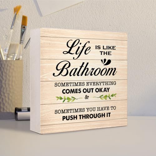 Burlywood Life is Like The Bathroom Wooden Box Sign Desk Decor,Funny Bathroom Wood Block Sign for Farmhouse Toilet Shelf Decor - color: Burly Wood