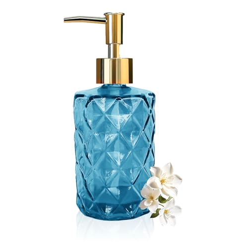 Blue Glass Soap Dispenser, Bathroom Shower & Shampoo Dispenser, Foam Hand Soap Dispenser with Gold Pump,11Oz/330ml Refillable Kitchen Dish Soap Bottle for Home Hotel - color: Blue&gold