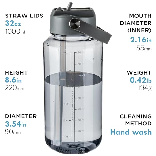 OLDLEY 32oz Water Bottle with Straw,Leakproof Tritan Clear Bottle with Marked Bottle and Carry Handle, BPA-Free Wide Mouth Reusable Sports Water Bottle for Gym,Hiking, Camping,Travel, Workout,Grey - color: Grey