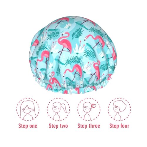Pink Flamingos Shower Cap For Women Reusable Waterproof Double Layers Bath Cap Hair Protection Elastic Ladies Spa Salon Shower Hat - color: Pink Flamingos