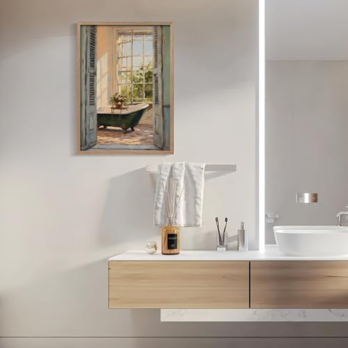 Framed Vintage Canvas Wall Art Print Classical Bathroom Bathtub Poster Flowers Gallery Style Picture Home Decor Rustic Bathroom farmhouse Apartment 12X16 Inch Ready to Hang - color: Classical Bathroom Bathtub, size: 16L" x 12W"