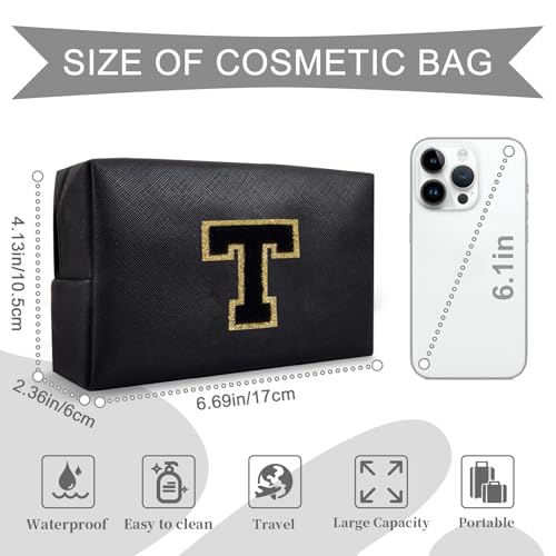 Personalized Initial A-Z Preppy Patch Makeup Bag,Small PU Chenille Letter Cosmetic Bag with Zipper for Teen Girls,Black Cute Toiletry Organizer Bag,Monogram Makeup Case Gift for Women Girls,Letter T - color: Black,Black-Letter, size: T