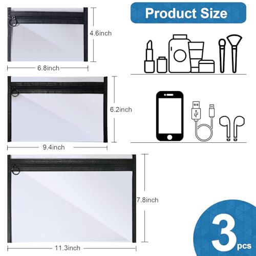 Clear Toiletry Bags with Loop Zipper, 3 Assorted Sizes PVC Cosmetic Pouches, Large Medium Small Travel Makeup Storage Organizer for Men Women