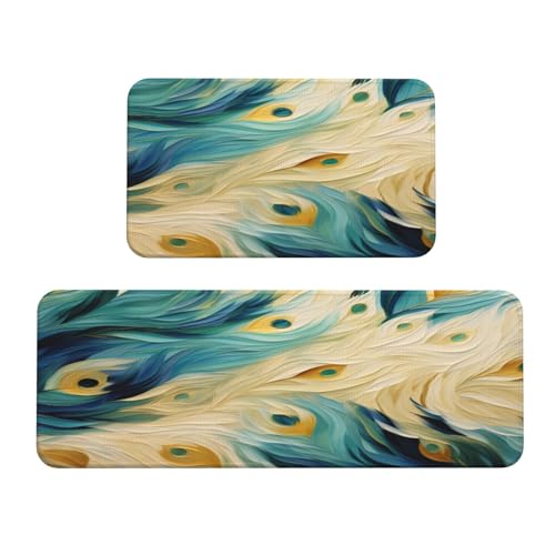 Peacock Blue Feather Art Kitchen Rugs Mats Set of 2 Pcs Non-Slip Floor Mats Washable Runner Rugs Set for Bathroom Laundry Hallway Kichen Comfort Standing Mat - color: Peacock Blue Feather Art