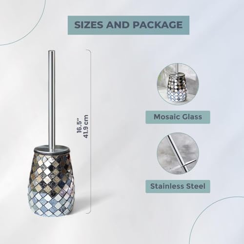Escenzy Modern Toilet Brush and Holder Set Mosaic Glass | Non-Rustic Stainless Steel | Practical & Decorative Toilet Bowl Brush and Holder | Luxury Black and Gold Bathroom Accessories - color: Black Gold Curve