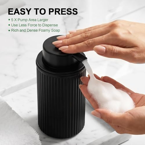 KASUNTING Matte Black Foaming Soap Dispenser, 2 Pack Ribbed Glass Foam Hand Soap Dispenser for Bathroom, Refillable Foaming Pump Bottle with Black Pump, Modern Dish Soap Foam Dispenser - color: Black Bottle+ Black Pump, size: Foam-2 Pack