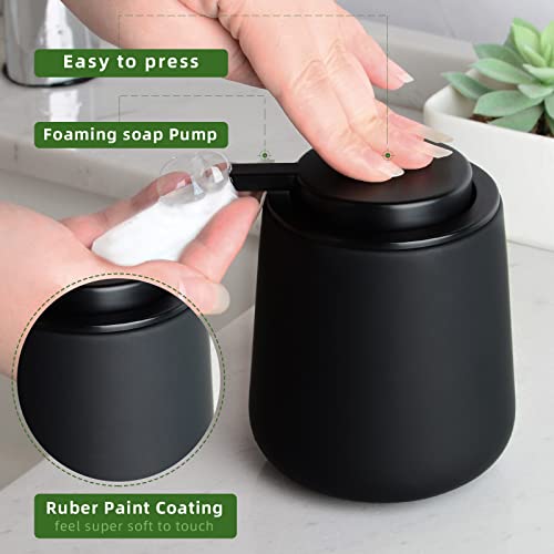BosilunLife Ceramic Bathroom Accessories Set 3 Pcs, Foaming Soap Dispenser and Toothbrush Holder with Tray, Modern Farmhouse Vanity Decor, Black Housewarming Gift - color: Black, style: Foam