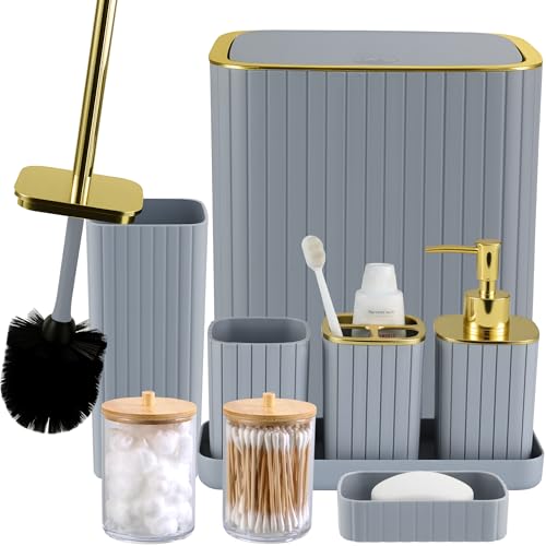 Grey Bathroom Accessory Set-9PC Set with Toilet Brush, Trash Can, Soap Dispenser, Q-Tip Holder | Modern Home Bath Essentials (Grey, Bath Set) - color: Grey&gold, size: 9-Piece Bath Set