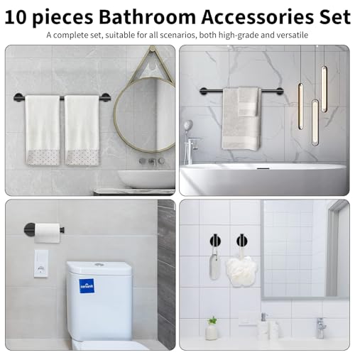 Newfun 10-Pieces Bathroom Hardware Set, Includes 24 Inch Towel Racks for Bathroom Wall Mounted, Toilet Paper Holder, Towel Hooks for Bathrooms, Towel Rings for Bathroom Wall (Matte Black) - color: Matte Black-ring