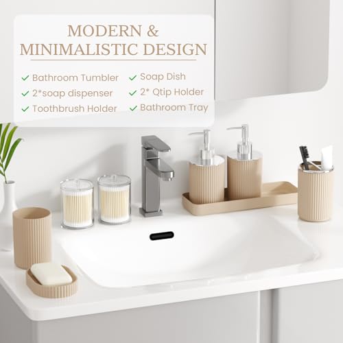Beige Bathroom Accessories Set, 10PC Bathroom Set, Bath Accessory with Pop Up Trash Can, Soap Dispenser, Toilet Brush, Toothbrush Set Qtip Holders & Tray - color: Beige & Silver, size: 10-Piece Set (Accessories Only)