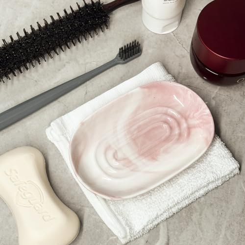 Ceramic Marble Pattern Soap Dish, Textured Raised Soap Saver Tray for Shower Bathroom Kitchen Sink Vanity, Easy to Clean Multi-Use Holder for Bar Soap Jewelry Rings Keys, Red (1 Pack) - color: Red