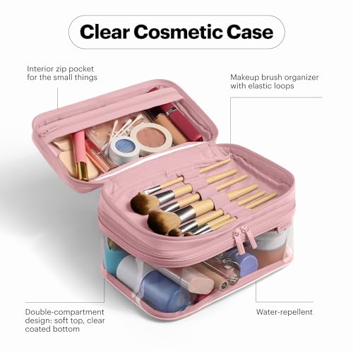 Away Clear Cosmetic Case - Water-Repellent Transparent Cosmetic Bag with 2 Compartments, Brush Holder, Interior Zip Pocket - Blush Pink - color: Blush Pink