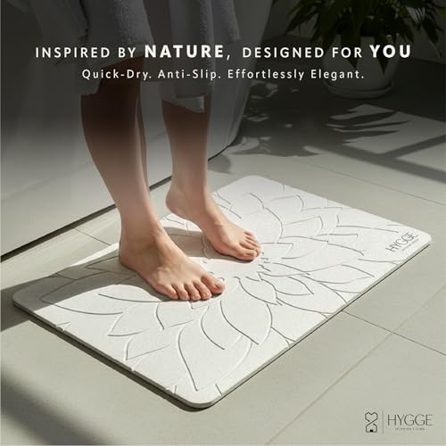 Diatomaceous Earth Stone Bath Mat - Ivory Bloom | Modern Fast Dry Bathroom Floor Shower Mat, Quick Drying Premium Luxury Diatomite Spa Stone Gift, Non-Slip Base, 23.6” x 15.4” - color: Ivory Bloom