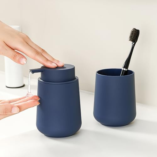 YAUKPH Matte Blue Bathroom Accessories 2 Piece Set Plastic Soap Dispenser and Toothbrush Holder for Modern Bathroom Decor - color: Matte Blue